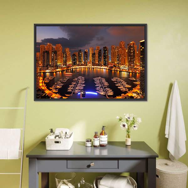 Dubai Marina At Dusk Canvas Wall Art-3 Horizontal-Gallery Wrap-25" x 16"-Tiaracle