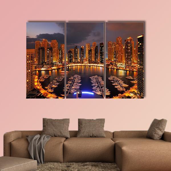 Dubai Marina At Dusk Canvas Wall Art-3 Horizontal-Gallery Wrap-25" x 16"-Tiaracle