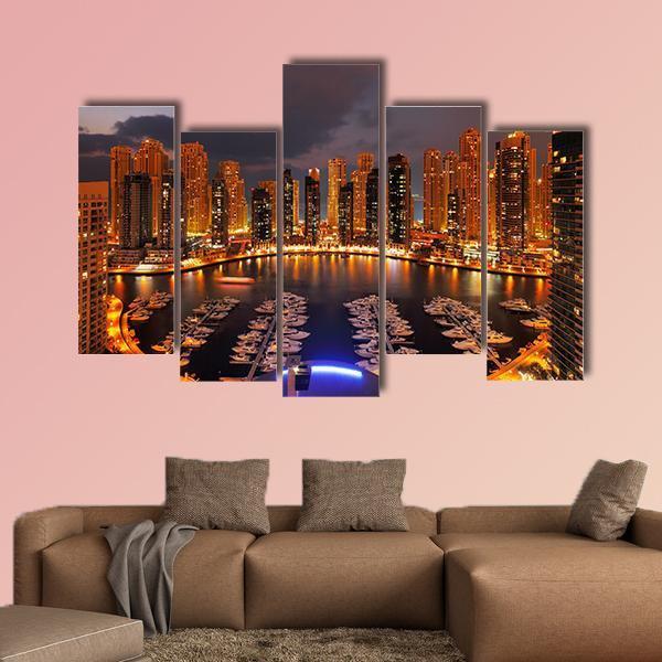 Dubai Marina At Dusk Canvas Wall Art-5 Pop-Gallery Wrap-47" x 32"-Tiaracle