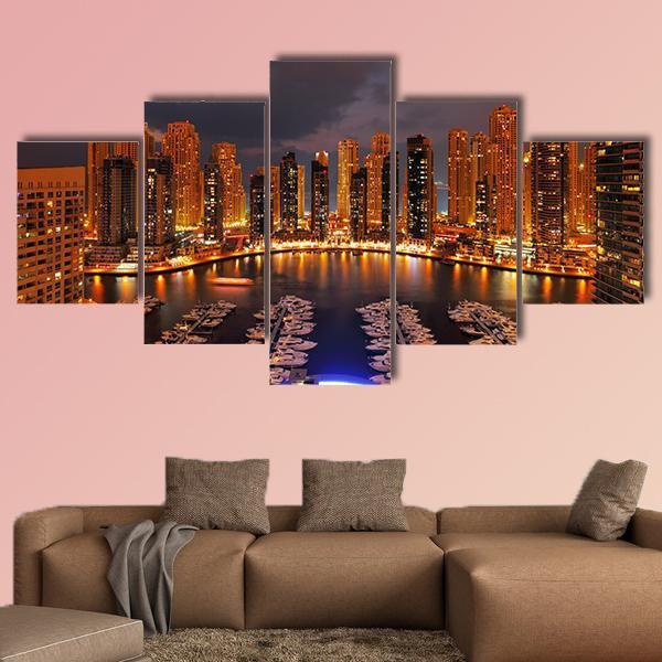Dubai Marina At Dusk Canvas Wall Art-5 Star-Gallery Wrap-62" x 32"-Tiaracle