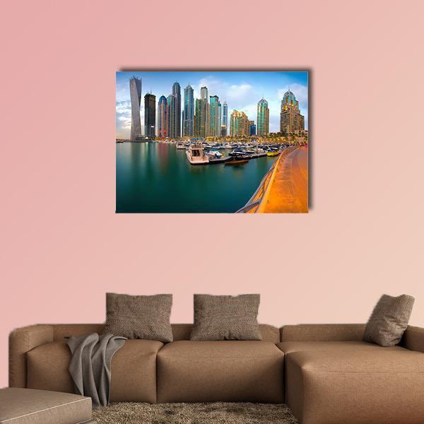 Dubai Marina Golden Hour Skyline Canvas Wall Art in gold, orange and blue, single panel hung on a wall
