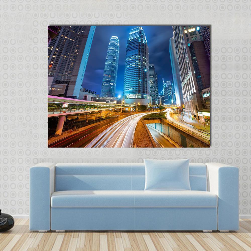 Dubai Road at Night Canvas Wall Art in orange, yellow and blue, single panel hung on a wall