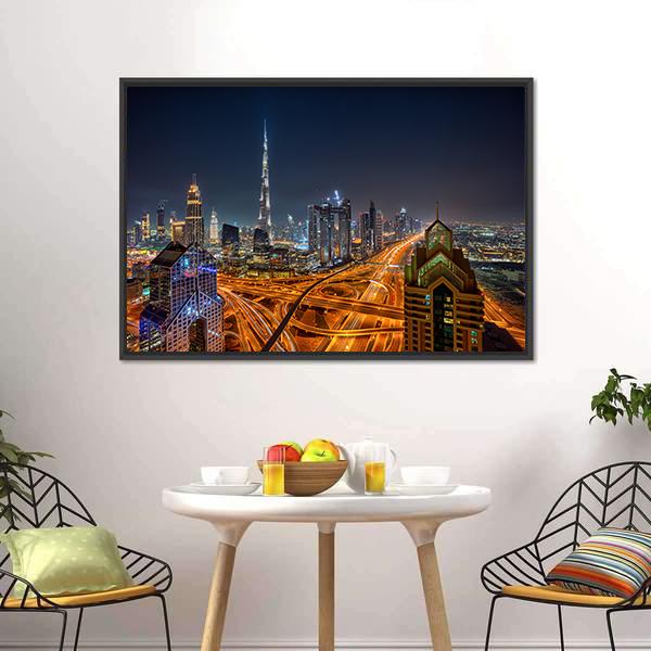 Dubai Skyline During Sunrise Canvas Wall Art-1 Piece-Floating Frame-24" x 16"-Tiaracle