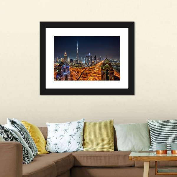 Dubai Skyline During Sunrise Canvas Wall Art-1 Piece-Framed Print-20" x 16"-Tiaracle