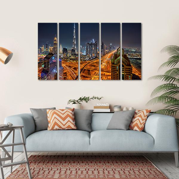 Dubai Skyline During Sunrise Canvas Wall Art-5 Horizontal-Gallery Wrap-22" x 12"-Tiaracle