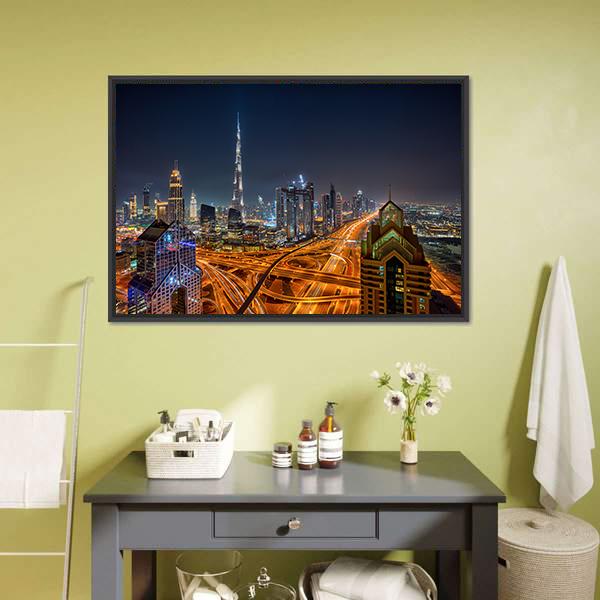 Dubai Skyline During Sunrise Canvas Wall Art-5 Horizontal-Gallery Wrap-22" x 12"-Tiaracle
