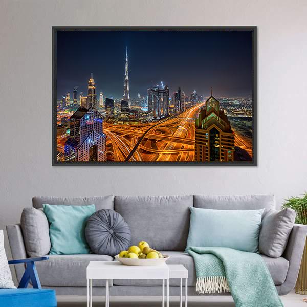 Dubai Skyline During Sunrise Canvas Wall Art-5 Horizontal-Gallery Wrap-22" x 12"-Tiaracle