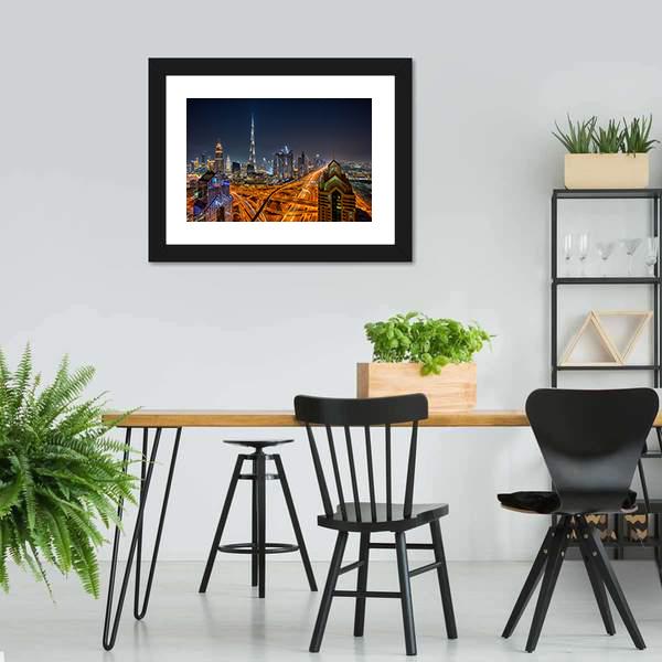 Dubai Skyline During Sunrise Canvas Wall Art-5 Horizontal-Gallery Wrap-22" x 12"-Tiaracle