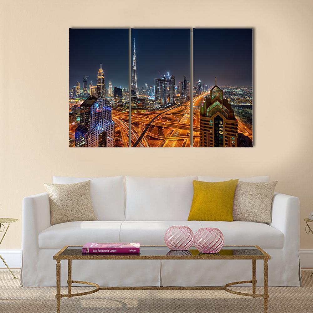 Dubai Skyline During Sunrise Canvas Wall Art-3 Horizontal-Gallery Wrap-37" x 24"-Tiaracle