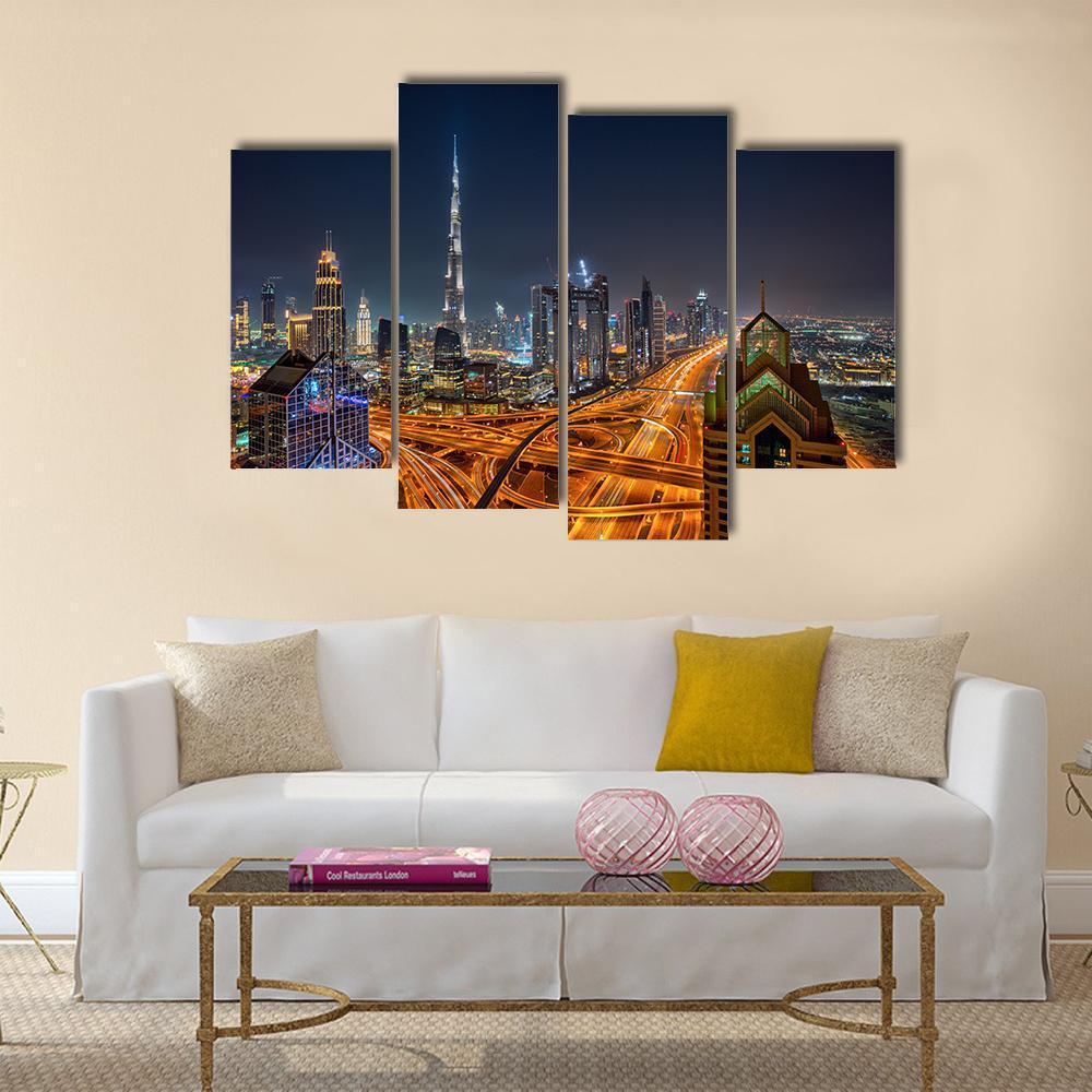 Dubai Skyline During Sunrise Canvas Wall Art-4 Pop-Gallery Wrap-50" x 32"-Tiaracle
