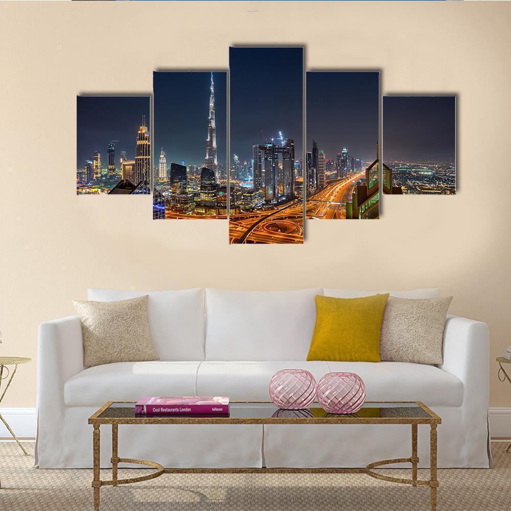 Dubai Skyline During Sunrise Canvas Wall Art-5 Star-Gallery Wrap-62" x 32"-Tiaracle