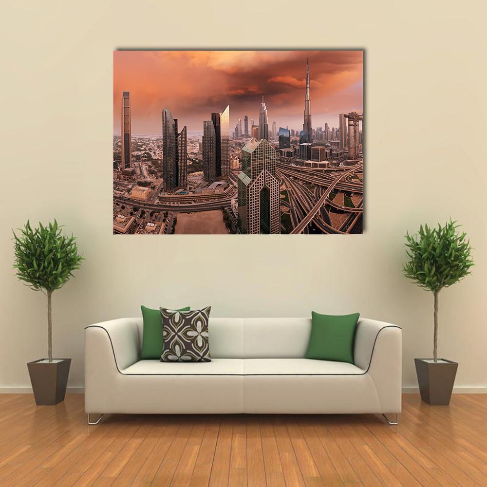 Dubai Skyline with Burj Khalifa Canvas Wall Art in gray, brown and orange, single panel hung on a wall