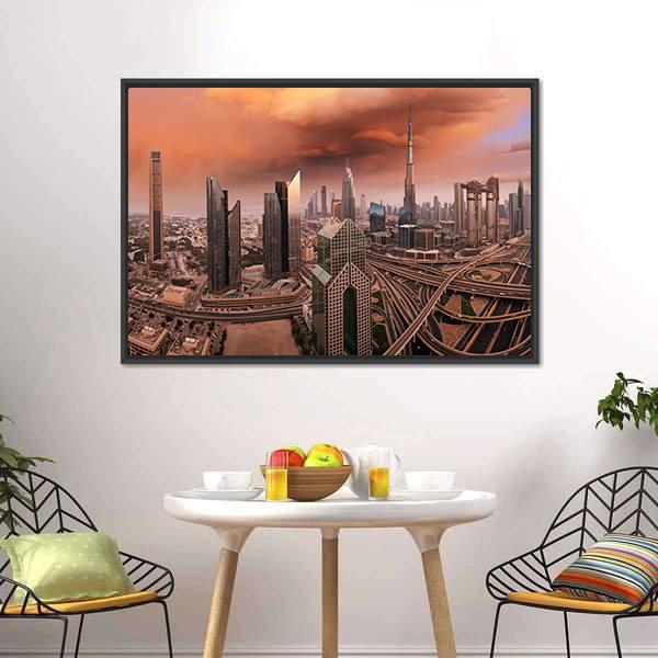 Dubai Skyline with Burj Khalifa Canvas Wall Art in gray, brown and orange, framed canvas, product view on a white background