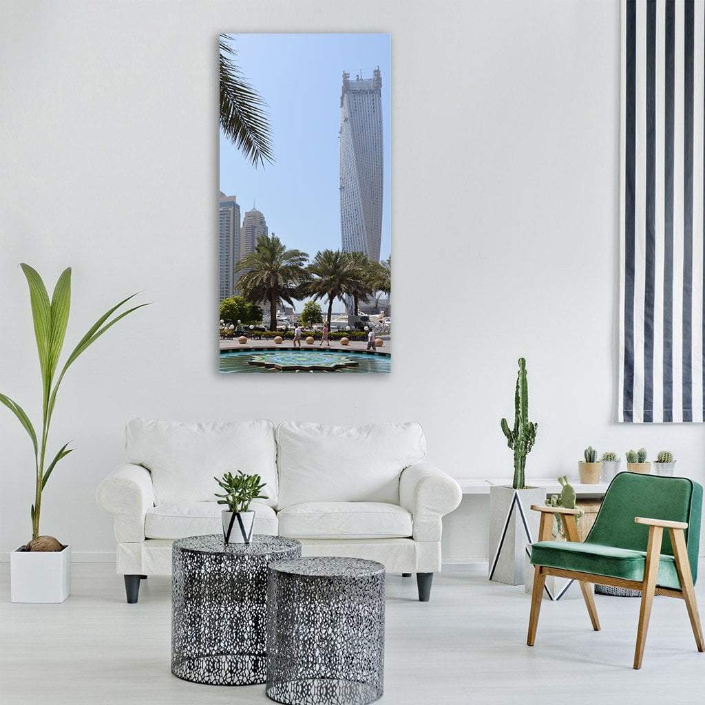 Palm Trees and Dubai Skyline Vertical Canvas Wall Art in gray, green and blue, single vertical panel hung on a wall