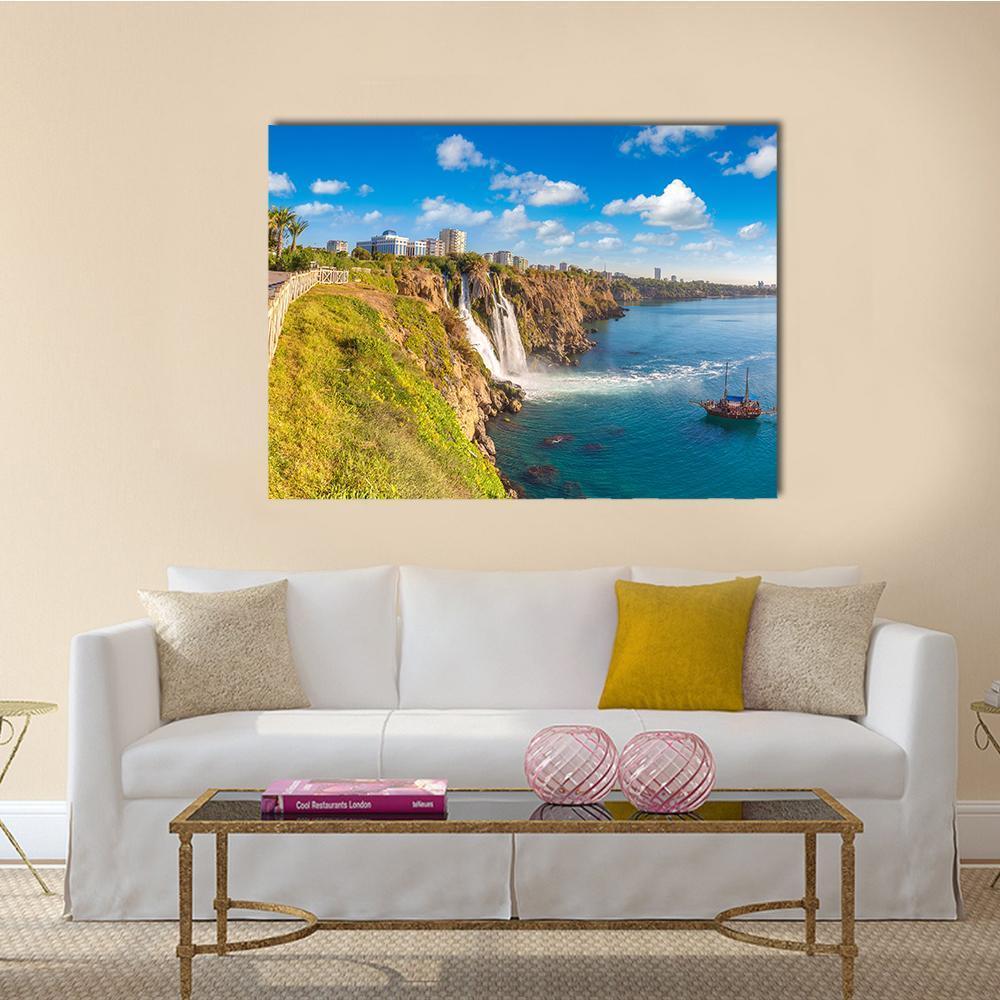 Duden Waterfall with Sailing Boat Canvas Wall Art in brown, green and blue, single panel hung on a wall