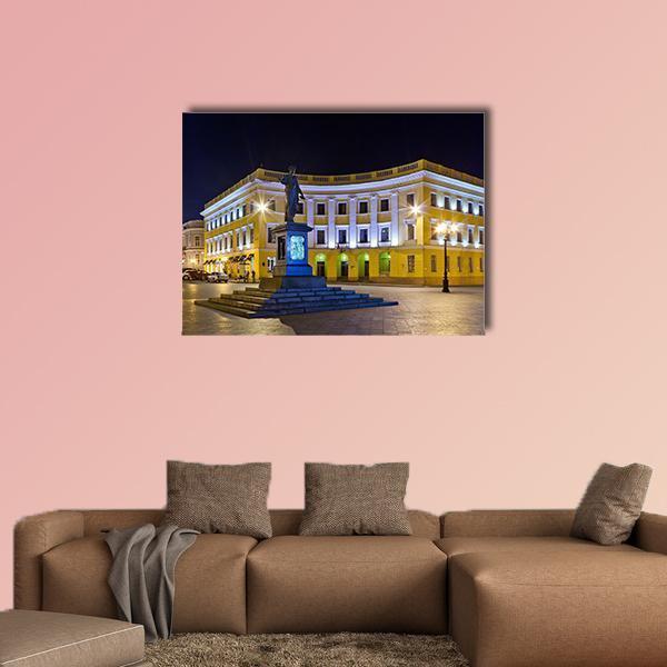 Duke of Richelieu Monument Canvas Wall Art in black, yellow and blue, single panel hung on a wall