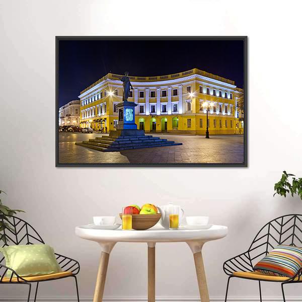 Duke of Richelieu Monument Canvas Wall Art in black, yellow and blue, framed canvas, product view on a white background
