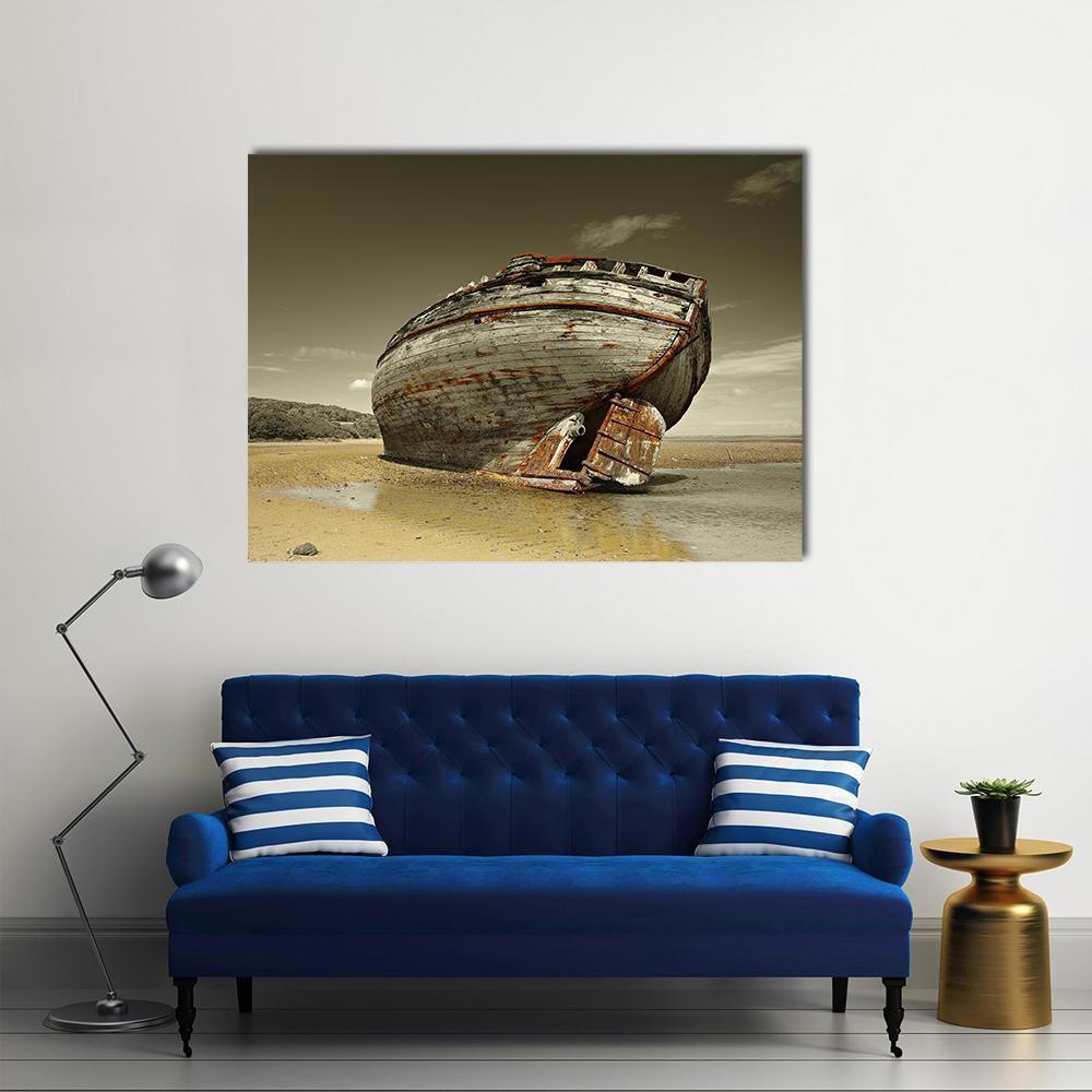 Dulas Bay Shipwreck Canvas Wall Art in gray, beige and brown, single panel hung on a wall