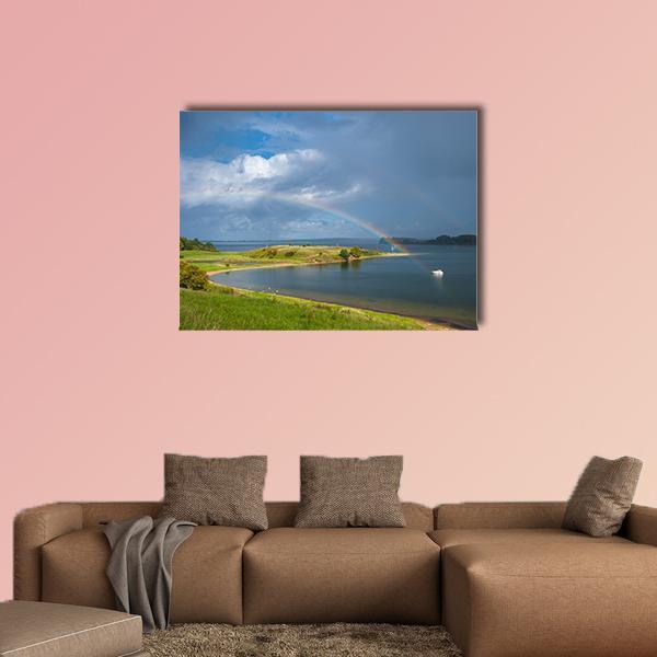 Dummersdorfer Shore with Double Rainbow Canvas Wall Art in gray, green and blue, single panel hung on a wall
