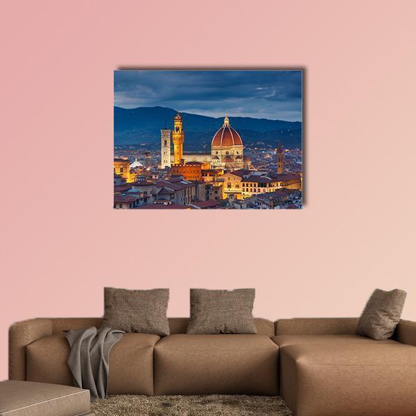 Florence Duomo at Twilight Canvas Wall Art in brown, orange and blue, single panel hung on a wall