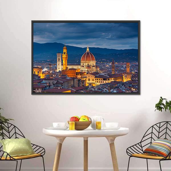 Duomo of Florence at Twilight Canvas Wall Art in brown, orange and blue, framed canvas, product view on a white background