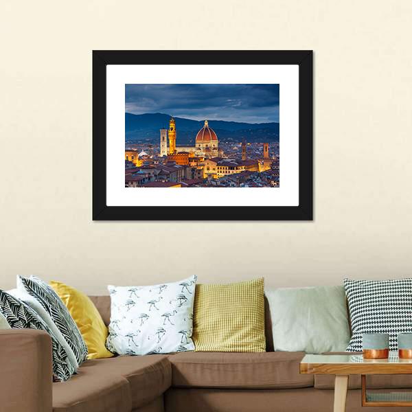 Duomo of Florence at Twilight Canvas Wall Art in brown, orange and blue, framed print, product view on a white background