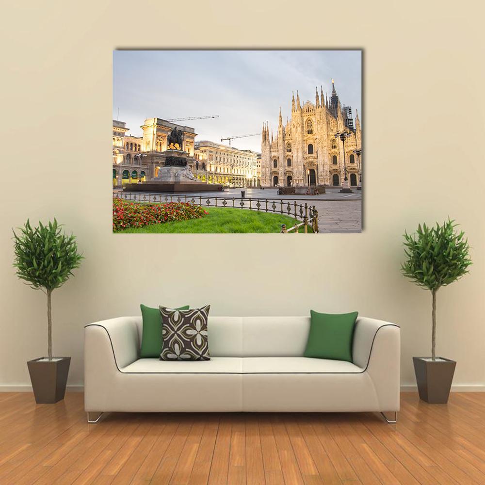 Duomo Cathedral with Equestrian Statue Canvas Wall Art in gray, beige and yellow, single panel hung on a wall