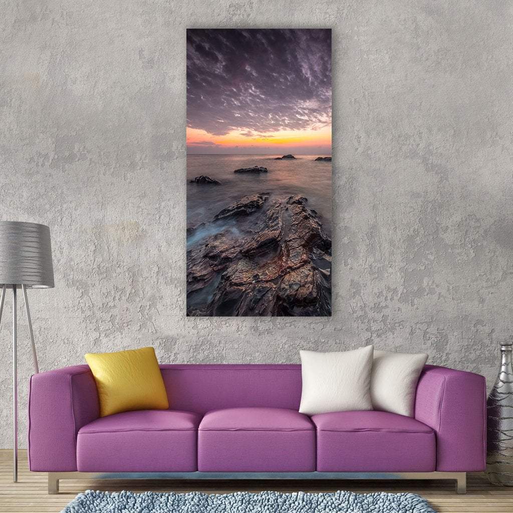 Dusk at the Beach Vertical Canvas Wall Art in gray, orange and purple, single vertical panel hung on a wall