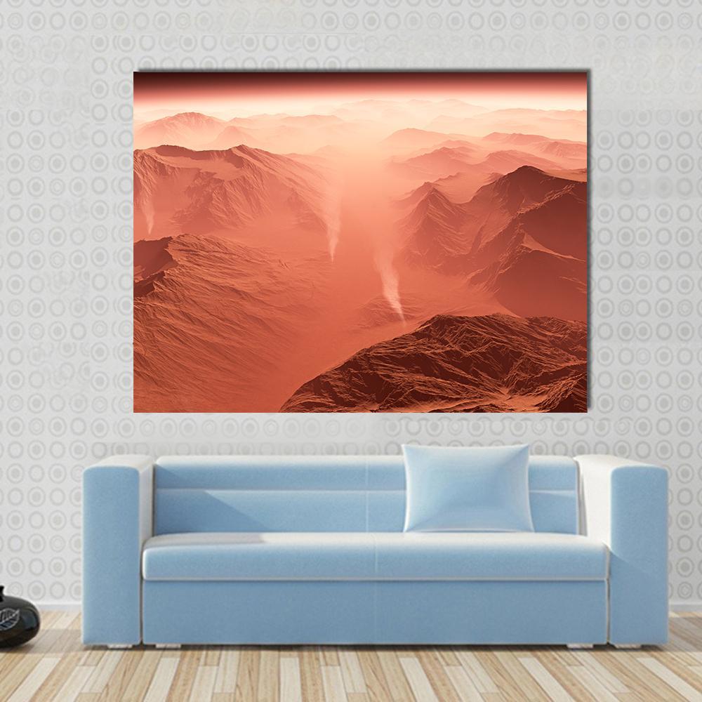 Dust Storm on Mars Canvas Wall Art in brown, red and orange, single panel hung on a wall
