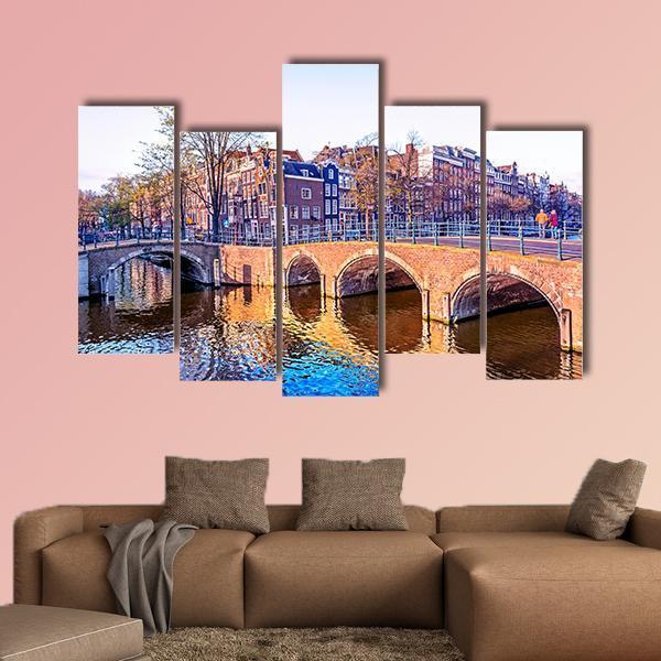 Dutch Houses &amp; Old Bridges Canvas Wall Art-5 Pop-Gallery Wrap-47" x 32"-Tiaracle