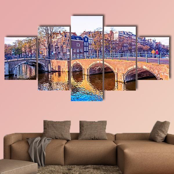 Dutch Houses & Old Bridges Canvas Wall Art-5 Star-Gallery Wrap-62" x 32"-Tiaracle