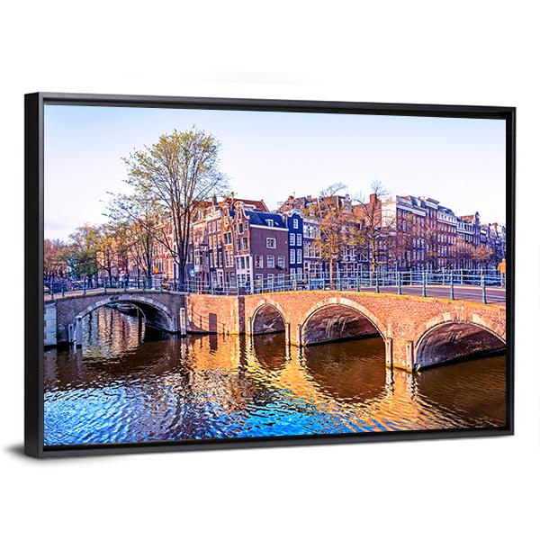 Dutch Houses &amp; Old Bridges Canvas Wall Art-3 Horizontal-Gallery Wrap-25" x 16"-Tiaracle