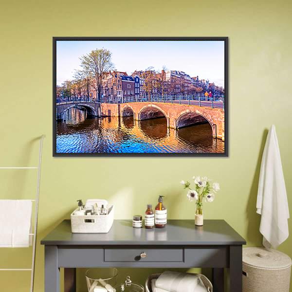 Dutch Houses &amp; Old Bridges Canvas Wall Art-3 Horizontal-Gallery Wrap-25" x 16"-Tiaracle