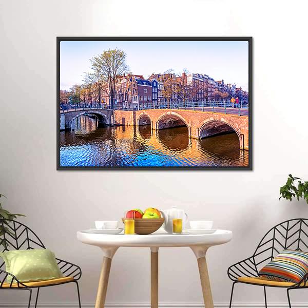 Dutch Houses & Old Bridges Canvas Wall Art-1 Piece-Floating Frame-24" x 16"-Tiaracle