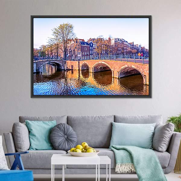 Dutch Houses &amp; Old Bridges Canvas Wall Art-3 Horizontal-Gallery Wrap-25" x 16"-Tiaracle