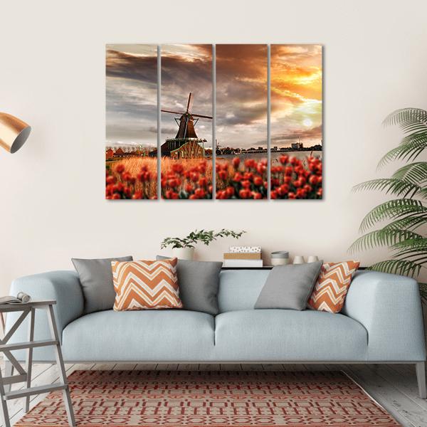 Dutch Windmills Amsterdam Canvas Wall Art-4 Horizontal-Gallery Wrap-34&quot; x 24&quot;-Tiaracle