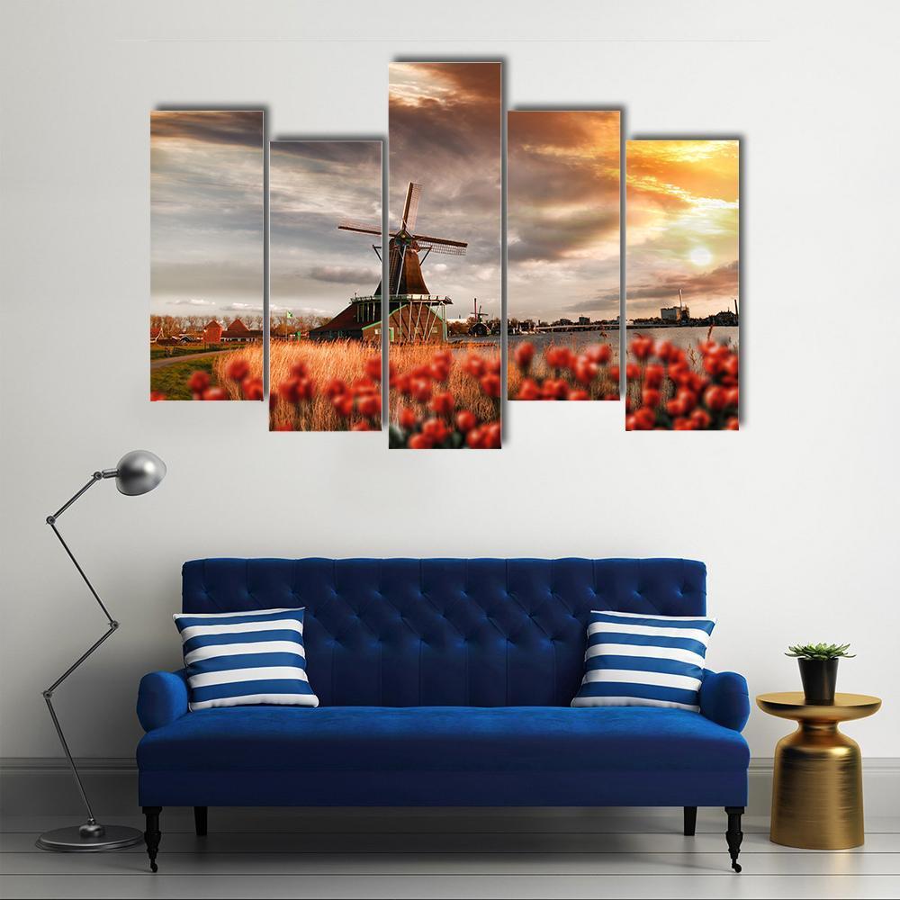 Dutch Windmills Amsterdam Canvas Wall Art-5 Pop-Gallery Wrap-47" x 32"-Tiaracle
