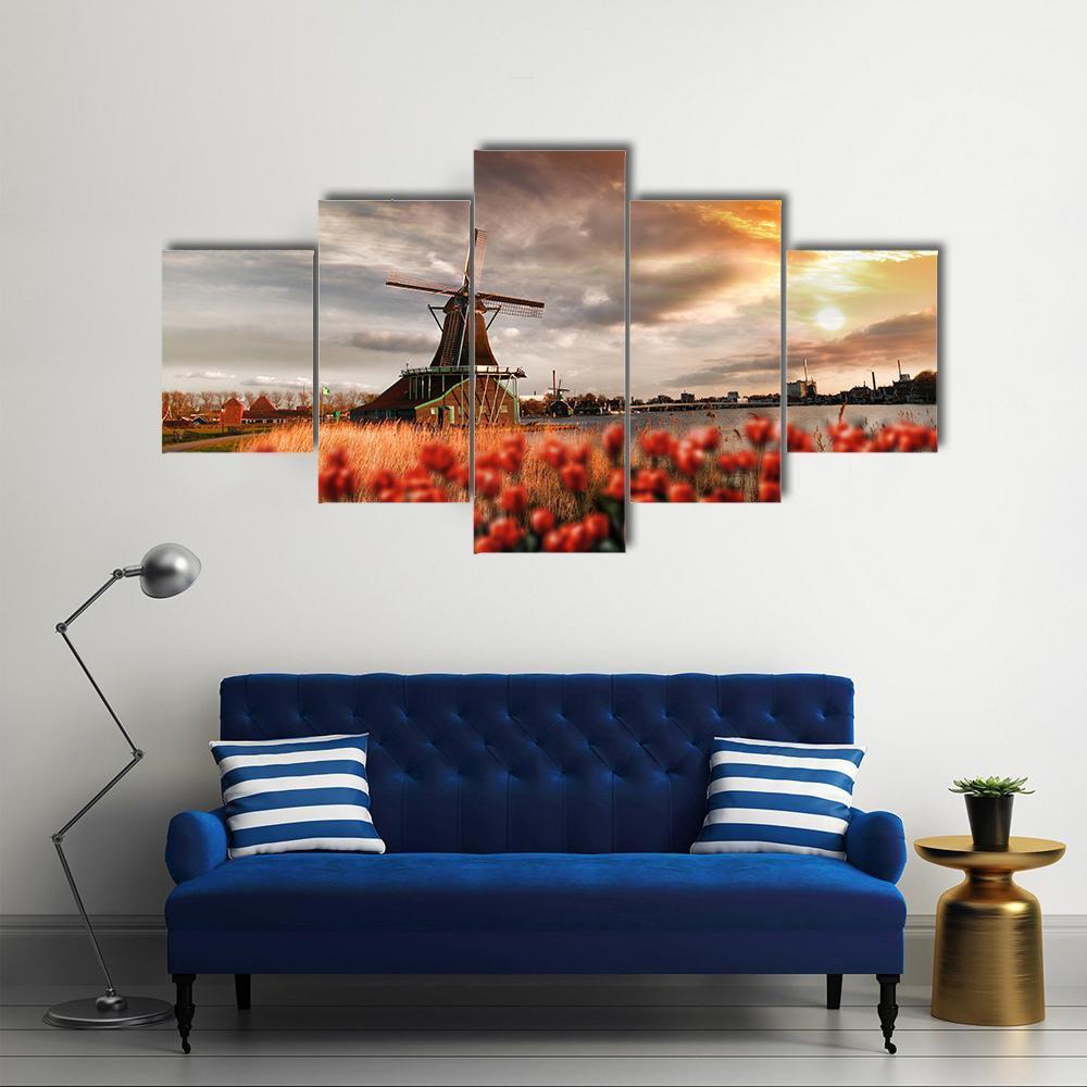 Dutch Windmills Amsterdam Canvas Wall Art-4 Pop-Gallery Wrap-50" x 32"-Tiaracle