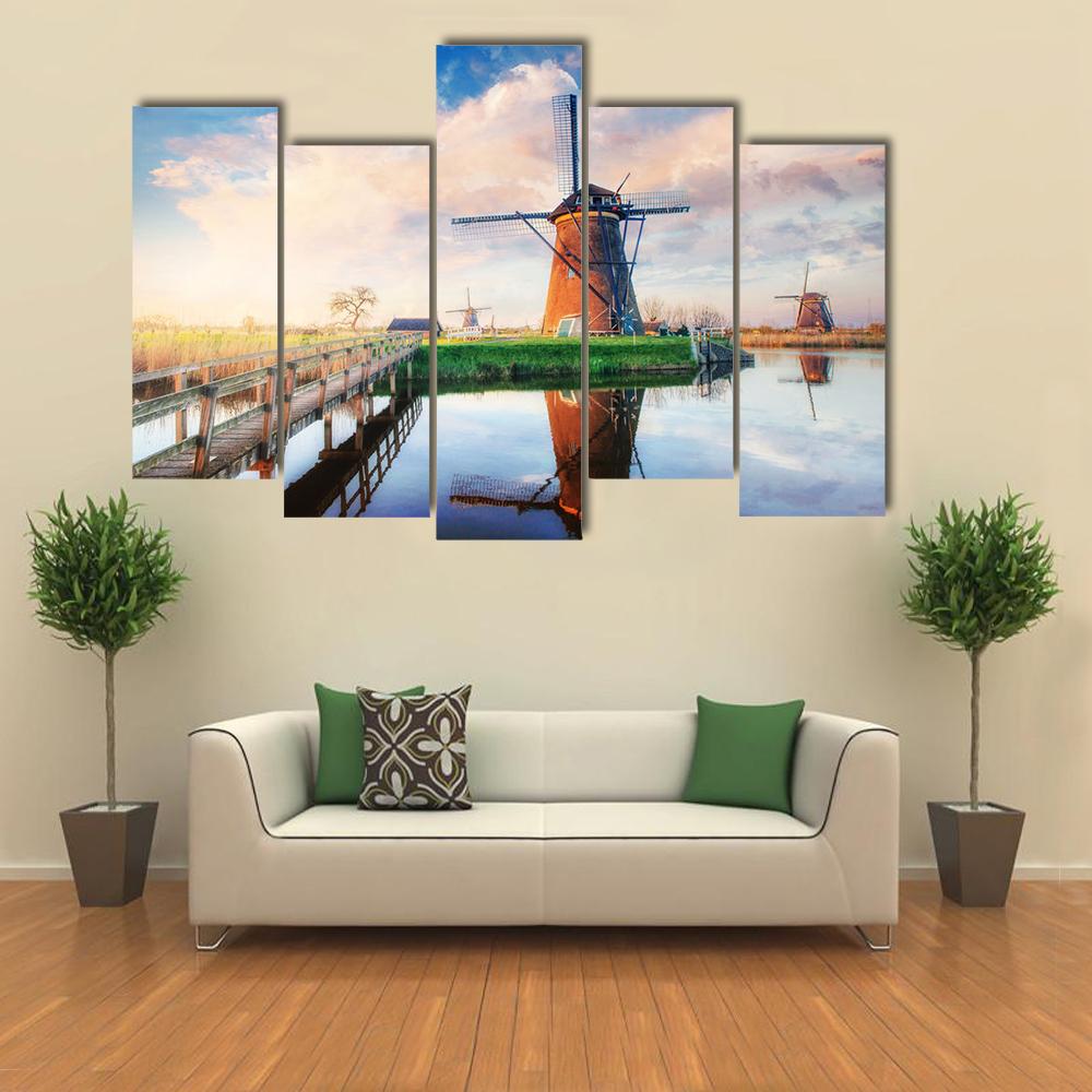 Dutch Windmills Canvas Wall Art-5 Pop-Gallery Wrap-32" x 21"-Tiaracle