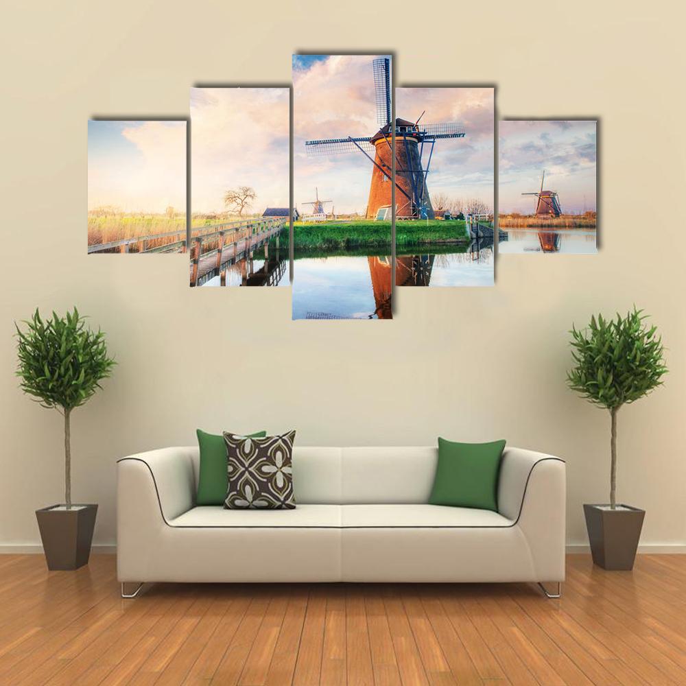 Dutch Windmills Canvas Wall Art-5 Star-Gallery Wrap-42" x 21"-Tiaracle