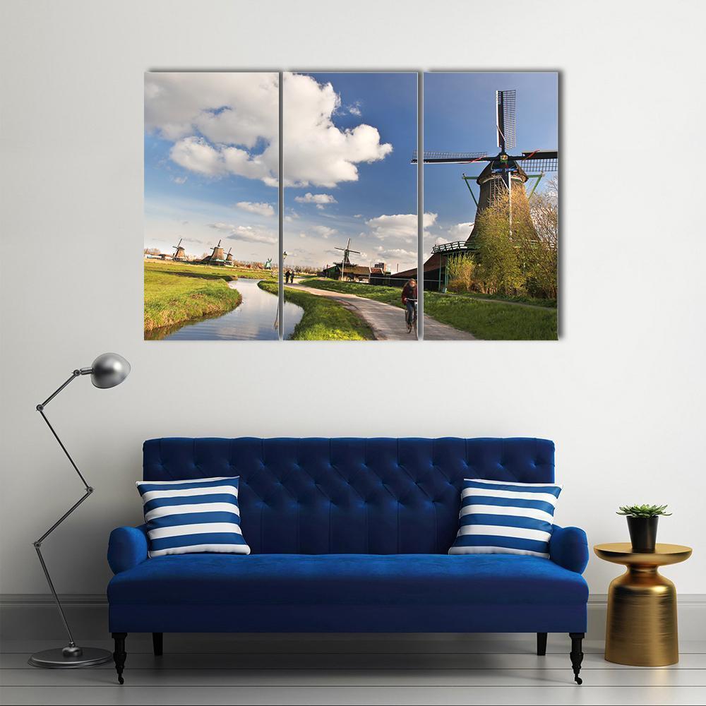 Dutch Windmills In Amsterdam Canvas Wall Art-3 Horizontal-Gallery Wrap-37" x 24"-Tiaracle