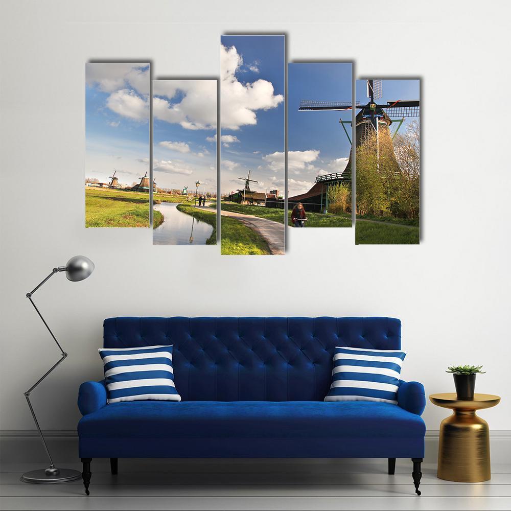 Dutch Windmills In Amsterdam Canvas Wall Art-5 Pop-Gallery Wrap-47" x 32"-Tiaracle