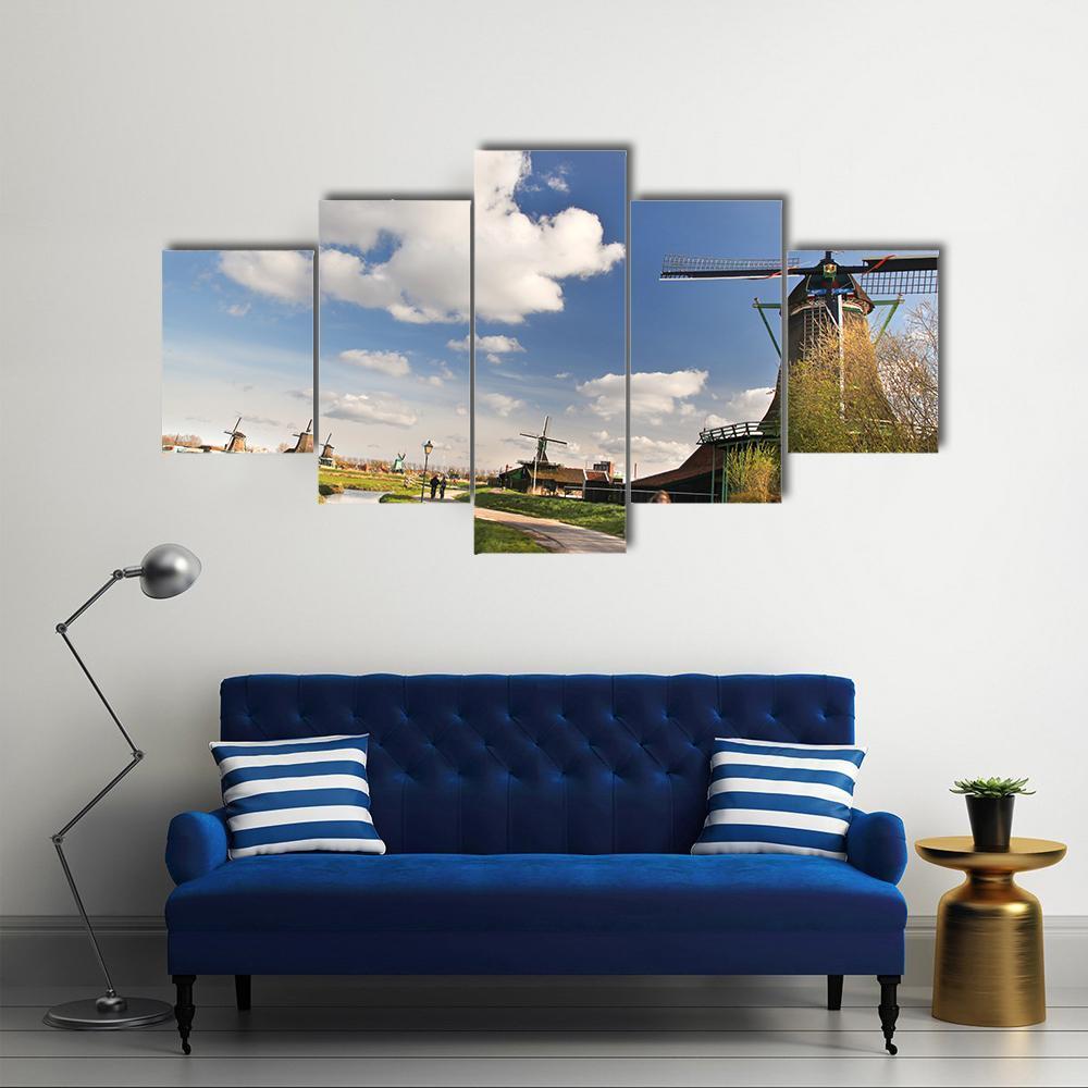 Dutch Windmills In Amsterdam Canvas Wall Art-5 Star-Gallery Wrap-62" x 32"-Tiaracle