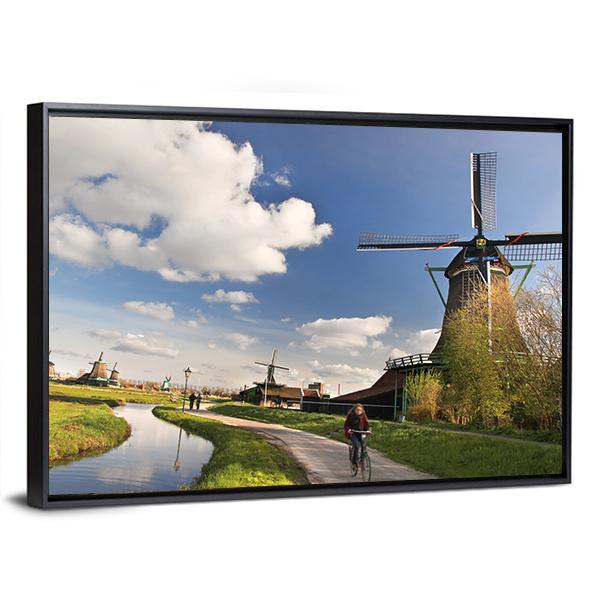 Dutch Windmills In Amsterdam Canvas Wall Art-3 Horizontal-Gallery Wrap-25" x 16"-Tiaracle