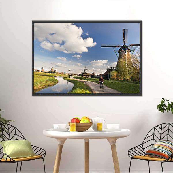 Dutch Windmills In Amsterdam Canvas Wall Art-1 Piece-Floating Frame-24" x 16"-Tiaracle