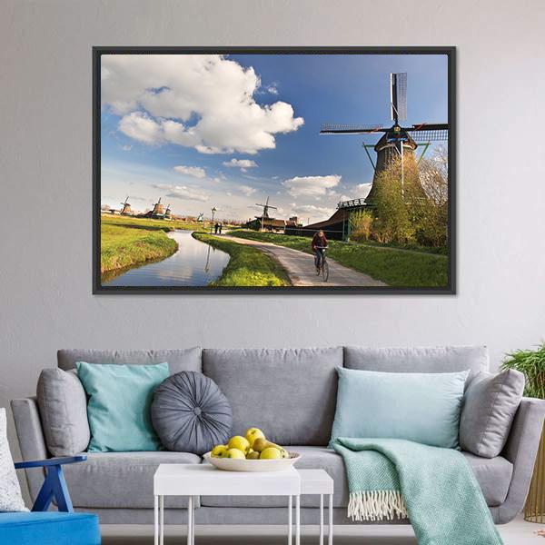 Dutch Windmills In Amsterdam Canvas Wall Art-3 Horizontal-Gallery Wrap-25" x 16"-Tiaracle