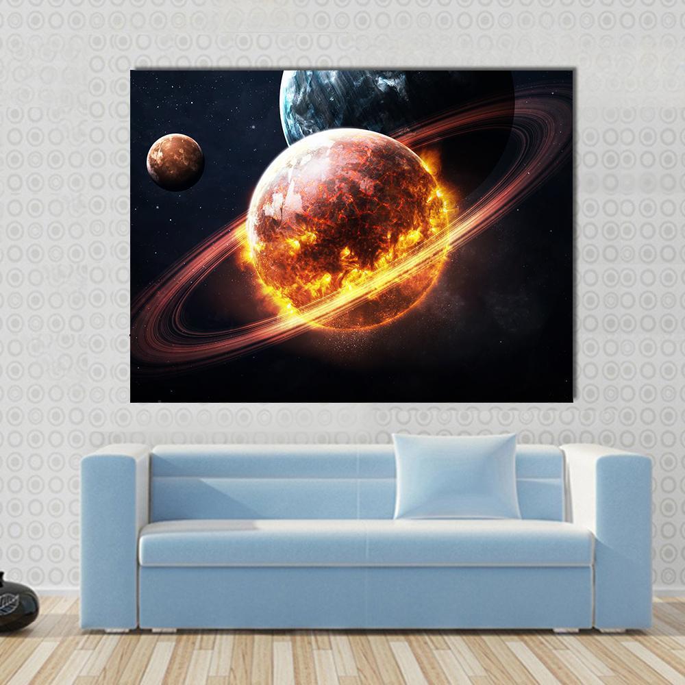 Dying Planet Canvas Wall Art in black, red and orange, single panel hung on a wall