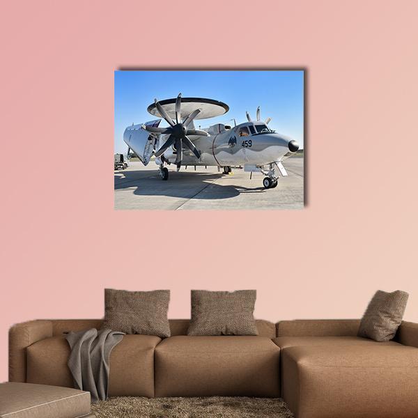 E-2 Hawkeye Airborne Radar Plane Canvas Wall Art in white, gray and blue, single panel hung on a wall
