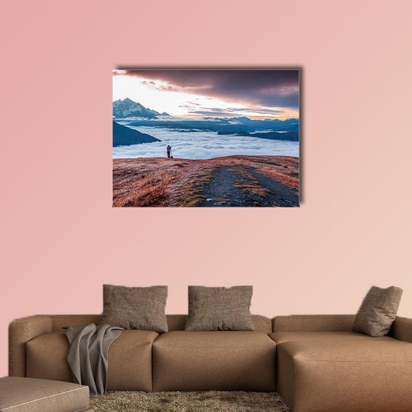 Foggy Caucasus Mountains Canvas Wall Art in white, brown and blue, single panel hung on a wall