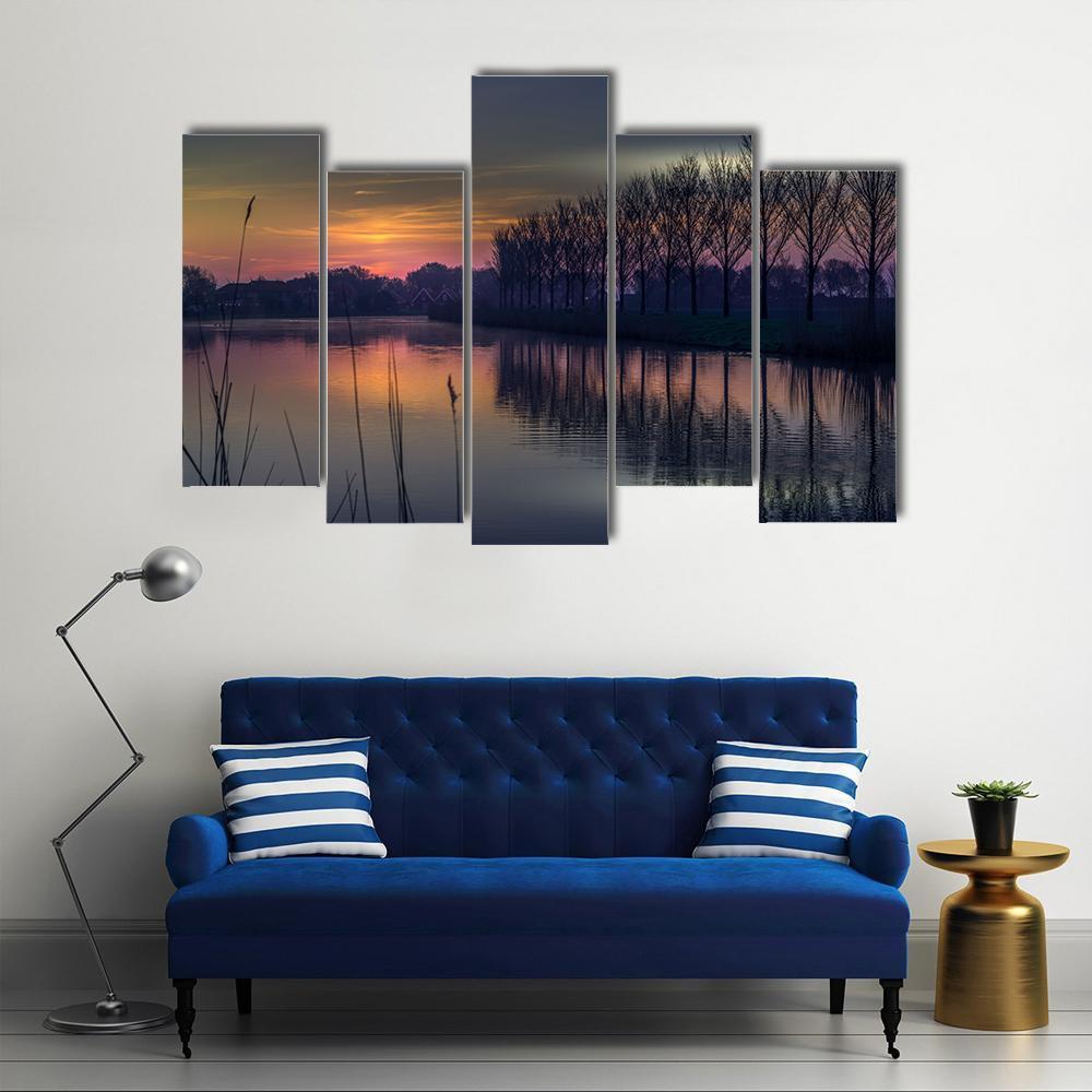 Early Morning By A Canal Canvas Wall Art-5 Pop-Gallery Wrap-47" x 32"-Tiaracle